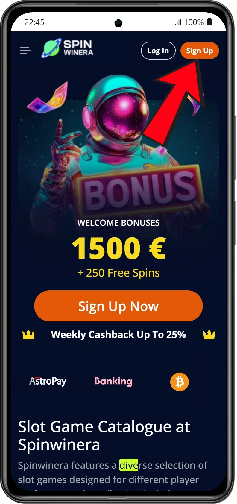 Clicca su registrati al Casinò Spinwinera