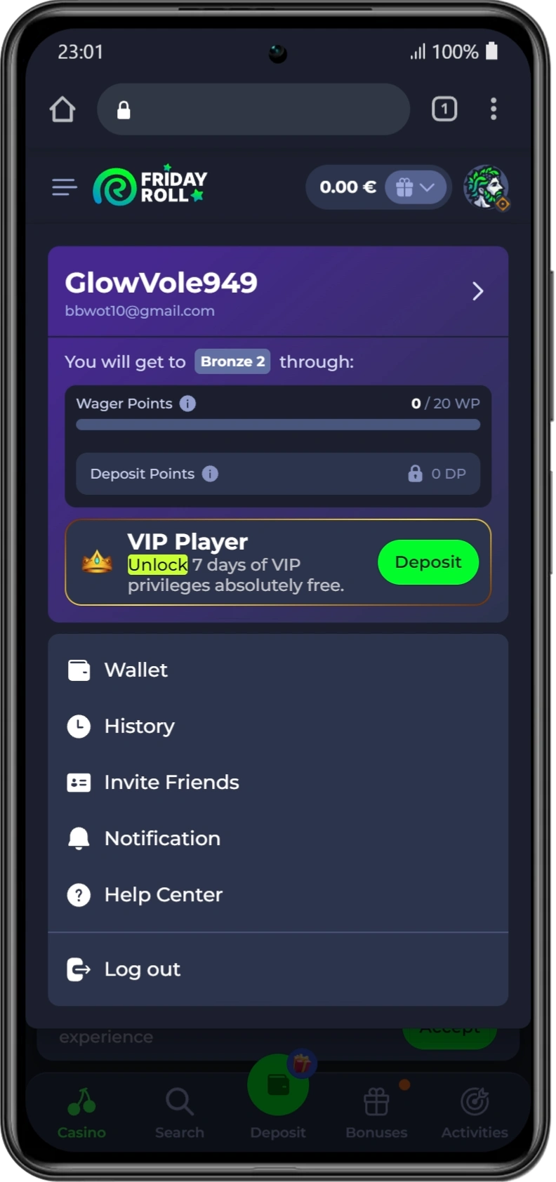 Menu di accesso al Casinò Spinwinera