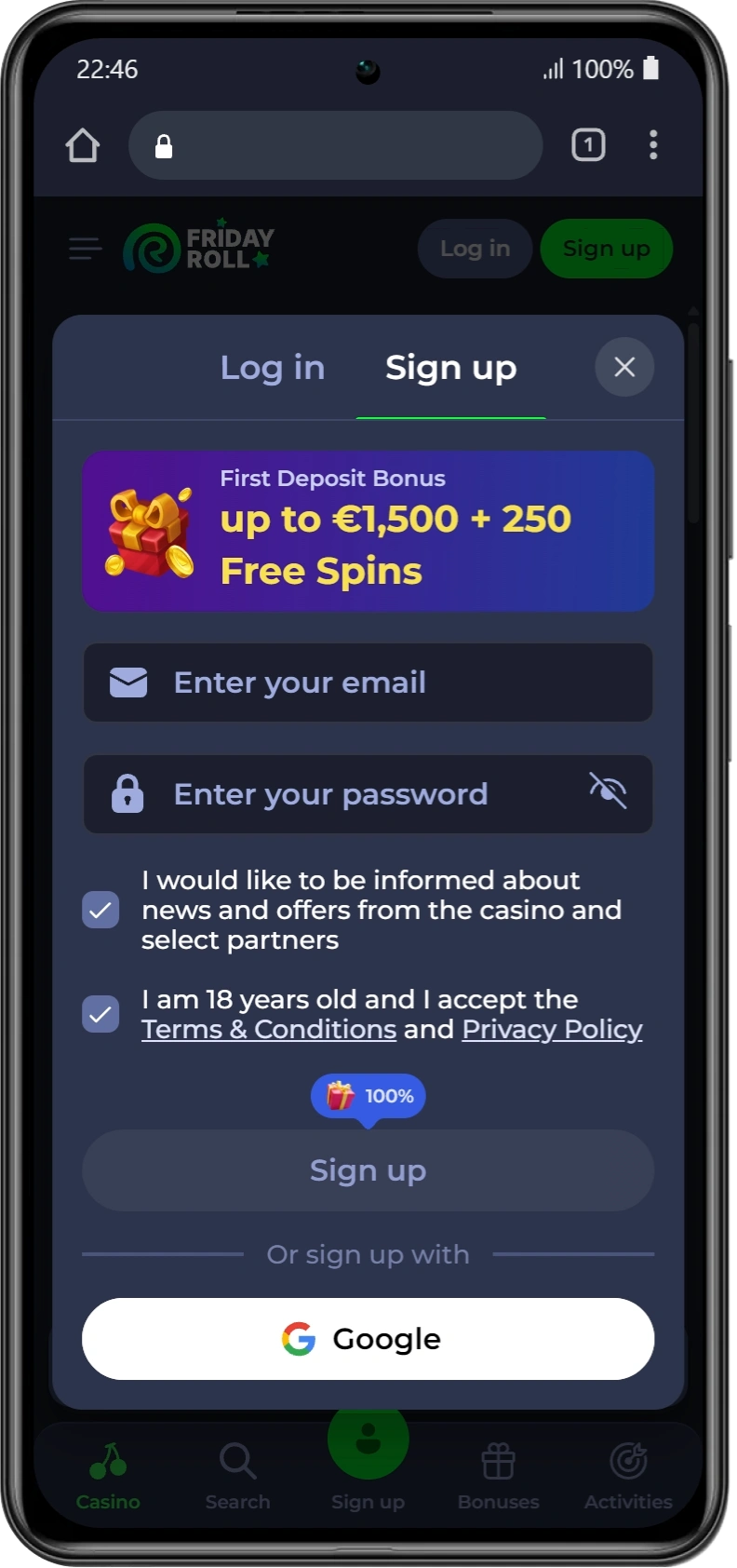 Menu di registrazione del Casinò Spinwinera